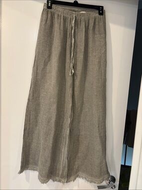 Wide Leg Linen-Blend Drawstring Pants in Light Gray